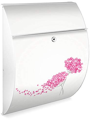 Burg Wächter Design Briefkasten| Modell Riviera 46cmx33,5cmx13cm groß| verzinkter Stahl weiß | Postkasten mit Öffnungsstopp, großer A4 Einwurf, Zylinderschloss, 2 Schlüssel Holunder Pink