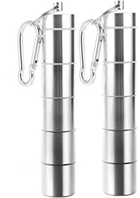 Pocket Pill Case, Portable Pill Box, Designerbox 5 Compartments Aluminum Alloy Pill Holder Waterproof Medicine Organizer Pill Bottle Pill Container with Keychain & Carabiner for Travel Camping (2 PCS)