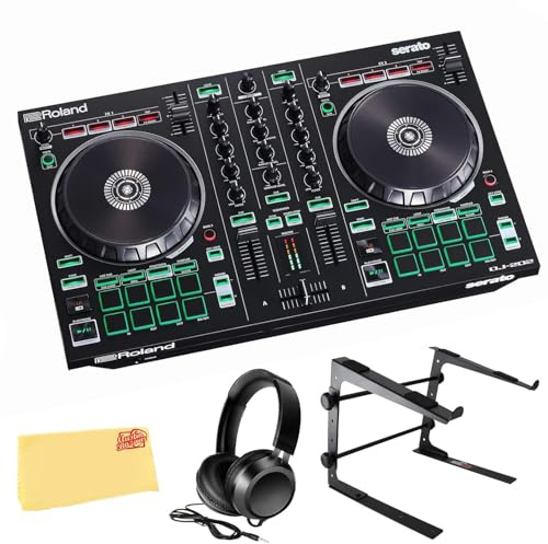 Roland DJ-202 DJ Controller Bundle with Stand, Headphones, and Austin Bazaar Polishing Cloth