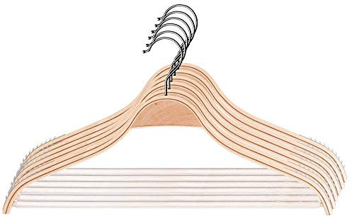 KADAX Kleiderbügel aus Holz mit eingekerbten Schultern, Hosensteg, platzsparende Garderobenbügel für Hosen, Rock, Hemd, Anzug, rutschfest, 360°drehbarer Metallhaken (6)
