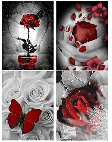 SHUIBIAN 4Pcs Set, 5D Diamant Painting Bilder Rose Flower DIY Diamant Malerei Crystal Strass Stickerei Diamond Painting für Home Dekoration Wanddekoration 30X40cm