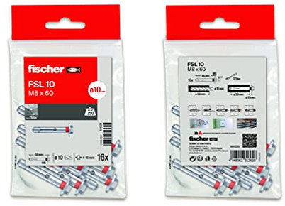 fischer - Tacos anclaje metálico de expansión, tacos hormigón, pared, Bolsa 16 uds FSL M8x60