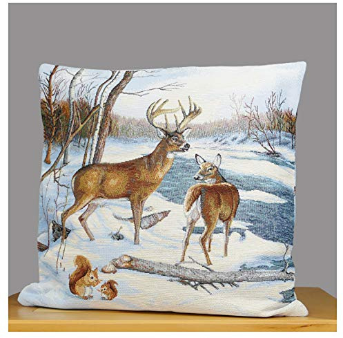 Winterliche Gobelin-Kissenhülle Hirschfamilie | Langlebig | Größe 45x45 cm | Strapazierfähiger Dekokissen Kissenbezug mit Reißverschluss | Winterliche Idylle für Ihr Zuhause | atelier alles-Spitze