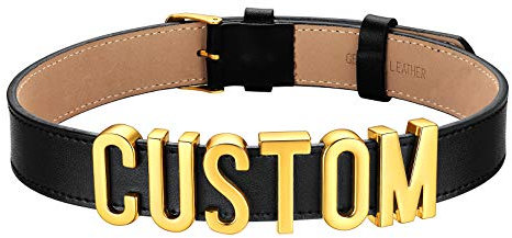 FOCALOOK Damen DIY PU Leder Collier goldfarbenen Buchstaben Charms personalisiert Choker Kette 19mm breit Gotik Punk kurze Halskette Modeschmuck für Mädchen Frauen