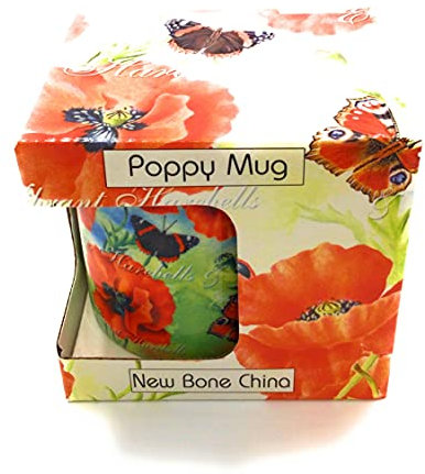 Beautiful Fine Bone China Mug Poppy and Butterfly Design Presented in a Quality Gift Present Box