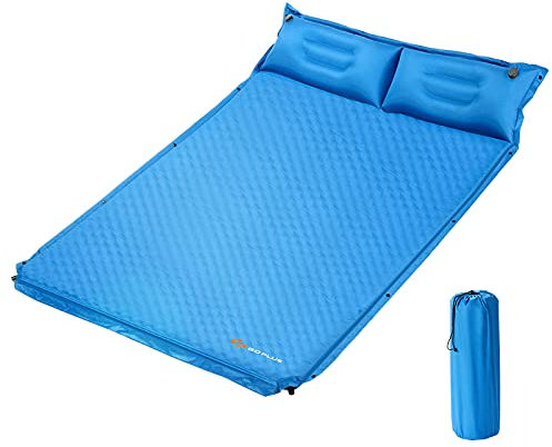 GOPLUS Doppelschlafmatte, Campingmatratze, Isomatte, Selbstaufblasend, Ultraleicht, für 2 Personen, mit 2 Selbstaufblasenden Kissen, aus Pongee & Schwamm, für Wandern, Camping & Reisen (Blau)