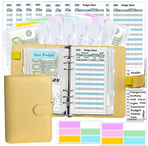 A6 Budgetplaner-Kit, umschlagmethode sparen sparbuch budget planner geldumschläge mit Geldumschlägen, Budgetminen, passenden Aufklebern und Etikett, 7,4x5,71 (Harphia, NPNB-140F-A6-Yellow)