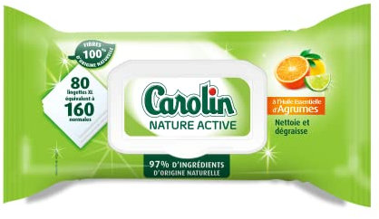 Carolin Lingettes Multi-usages Nature Active à l'Huile Essentielle d'Agrumes x80