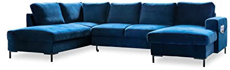 MIUFORM Ecksofa U Form mit Schlaffunktion und Bettkasten | Lofty Lilly | Wohnladschaft Couch Schlafcouch Wohnzimmer Gästezimmer | Samt Metallfüße (Navy blau, Links ausgerichtet)