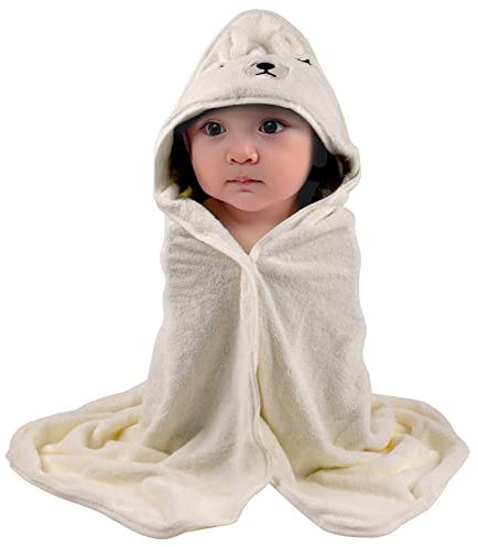Kapuzenhandtuch Baby Weiß, Baby Handtuch Kapuze 80X80 cm, Starke Wasseraufnahme Baby Badetuch Schnelltrocknend Weiches Babyhandtuch mit Kapuze, für Babys und Kleinkinder (Stil Bärin)