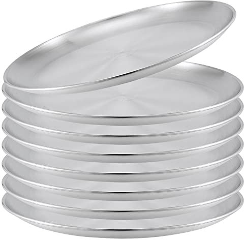 SINJEUN 8 PCS 26 cm Stainless Steel Dinner Plates, 10 Inch Double Layer Round Serving Plates, Silver Brushed Metal Dishes for Camping, Eating, BBQ, Steak, Salad