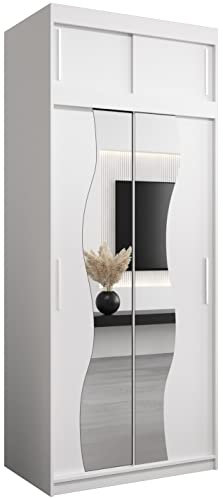 KRYSPOL Schwebetürenschrank Madryt 100 cm mit Spiegel Kleiderschrank mit Kleiderstange und Einlegeboden Schlafzimmer- Wohnzimmerschrank Schiebetüren Modern Design (Weiß mit Erweiterung)