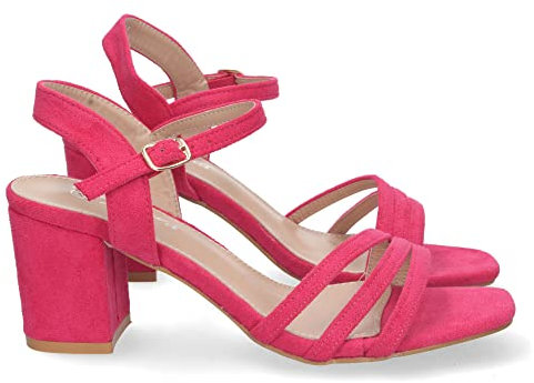 shoes&blues.es 72115-Sandalia de Tacon para Mujer, Comoda, con Palas Finas, Talon Abierto, y Cierre de Hebilla, Primavera Verano 2023. Talla 39 Fucsia
