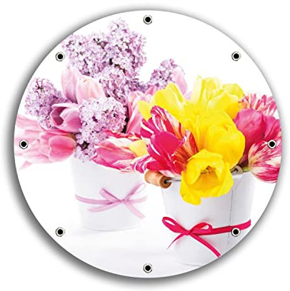Wallario rundes Outdoor-Poster für Garten oder Balkon Zwei Blumen-Bouquets aus gelben und roten Tulpen und Flieder, Motivbanner 30 cm Durchmesser