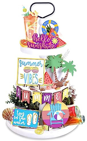 15PCS Summer Tiered Tray Decor Hello Summer Decor Farmhouse Hawaii Tiered Tray Decor Farm Summer Sunshine Wooden Sign Wood Home Rustic Beach Decorations for Home Table Shelf Kitchen Party Holiday