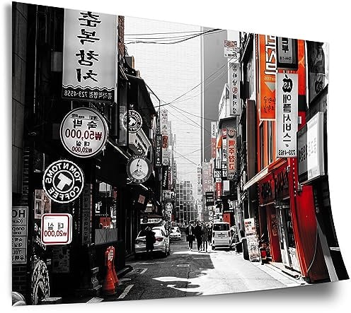 Printistico Poster Rote Akzente in Japan, Schwarz Weiß, black and white, Fotografie, Kunstdruck ohne Rahmen, Wandbild - A4, A3, A2, A1, A0, XXL - Wohnzimmer, Schlafzimmer, Küche, Deko