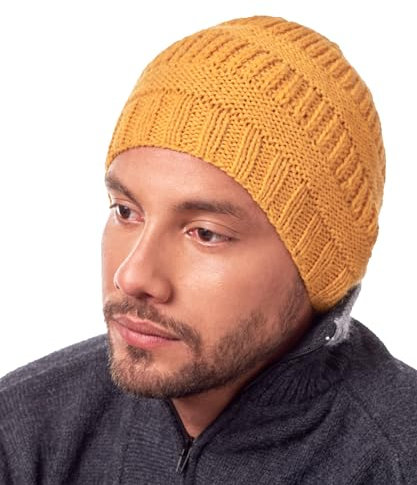 INTI ALPACA Gelbe handgestrickte Alpaka Beanie Mütze mit Bommel - Wintermütze für Outdoor und Indoor (Rosa), gelb, Einheitsgröße