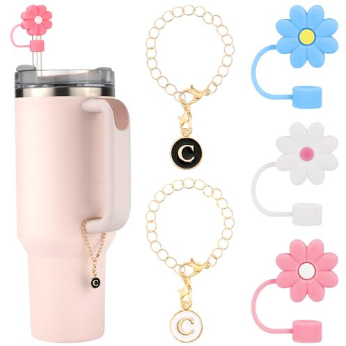 3pcs Straw Cover for Stanley Cup 30/40oz, 0.39 inch Flower Silicone Straw Topper/Cap & 2pcs Personalized Capital ID/Name Letter Charm Tips Lid Protector Tumblers Accessories for Stanley Cup(C)