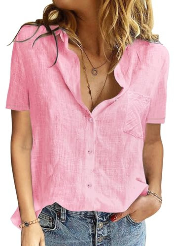 PASUDA Chemise Femme Haut ÉTÉ pour Femmes Chic et Élégant Coton Lin T-Shirt Manche Courte Col en V Chemisier Tunique Tops avec Boutons D'été Décontractés Ample Couleur Unie Blouse (Rose, M)