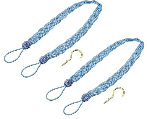 QUARKZMAN 2 Piezas de Abrazaderas para Cortinas, 58cm/23 Cordón Decorativo para Sujetar Cortinas con 2 Ganchos Metálicos, Azul/Plata