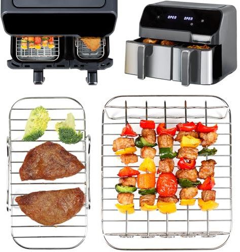 YQL 2PCS Air Fryer Rack for Tefal Easy Fry 5.2L/3.1L, Tower t17099 5.2L/3.3L, Lakeland 5L/3L, Salter EK5729 5.5L/3.5L, 304 Stainless Steel Air Fryer Accessories for Large & Small 2 Drawer Airfryer
