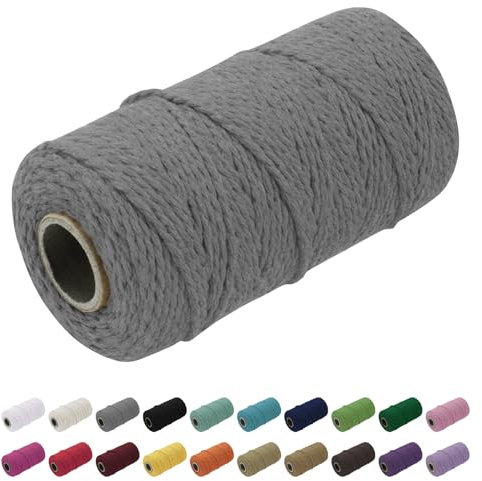 Uiopa Macrame Cord 1.5mm x 100m, Thick Rope Yarn Natural Cotton Cord, 2-Ply Macrame String for DIY Crafts, Plant Hangers, Wall Hangings, Decorations (Gray)