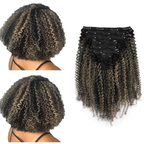 SixStarHair Afro Curly Clip-In Extensions aus menschlichem Haar 120g 45cm Clip-In Haarextensions Ombré Farbe Schwarz zu Naturschwarz Gemischt mit Erdbeerblond #27 Remy Menschliches Haar 7 Teile