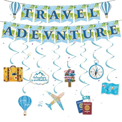 Travel Adventure Party Deko Banner - 25 Stück Reise Motto Partydekoration, Partyzubehör Um Thema Weltreisen, Hängende Wirbel, Party Deko für Männer Frauen Ruhestand, Abschlussfeier, Abschiedsparty
