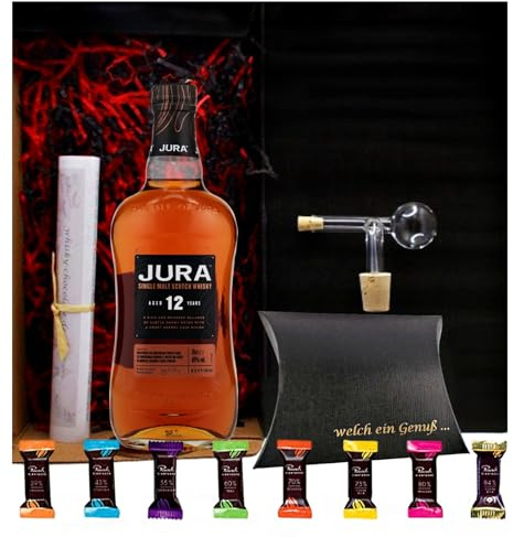 Jura 12 Jahre Single Malt scotch Whisky + Glaskugelportionierer + Edelschokoladen im Geschenk Karton Männergeschenke Genießer Set Whiskey mit Schokolade genießen