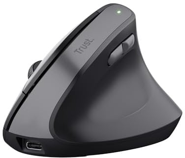 Trust Yuno Wiederaufladbare Vertikale Maus, Kabellose Ergonomische Maus 2.4GHz, Vorbeugung Gegen Mausarm/Tennisarm (RSI Syndrom), 800-2400 DPI, 70% Recyclingkunststoff, PC, Laptop, Mac - Schwarz