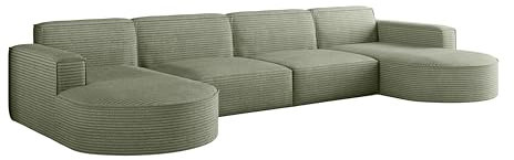 Kaiser Möbel - Ecksofa mit Wohnlandschaft, Eckcouch U Form, Bigsofa, Polstersofa, Bequemes Couch mit Ottomanen für Wohnzimmer, Relaxsofa, Stilvolles Cord Sofa, Lounge-Set U-Form, Modena XL, Hellgrün