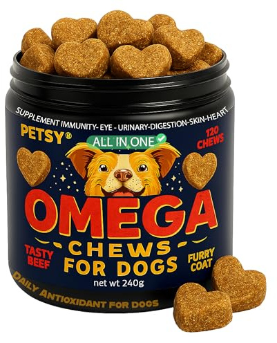 Petsy Omega 3 for Dogs | Natural Omega 3-6-9 Fish Oil Dog Chews for Skin, Coat, Joints & Heart Health | Daily Dog Supplement for Puppies, Adults & Seniors | Natural Soft Chews | 120 Count