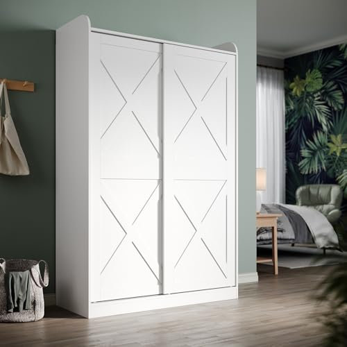 ZANOFIRA 2 Sliding Doors Chest of Drawers with Hanging Rail, Modern Matt White Chest of Drawerss with Large Capacity for Bedroom