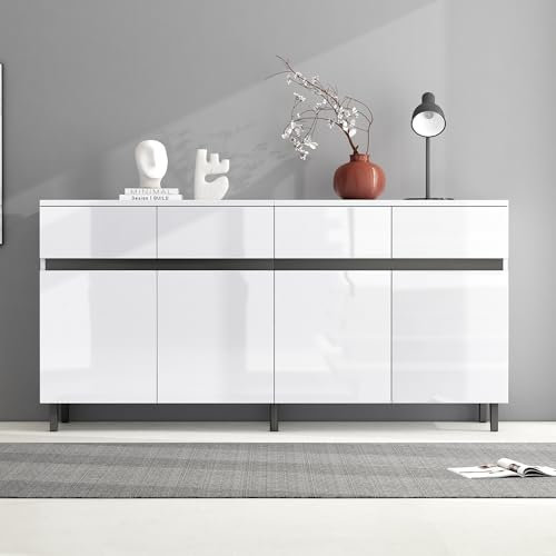 BENMWS Hochglanz Sideboard,Kommoden,Highboard,Schubladenkommoden mit 4 Schubladen2 Türen und höhenverstellbaren Regalböden,Eckschränke Schränke,Weiß 60x160cm