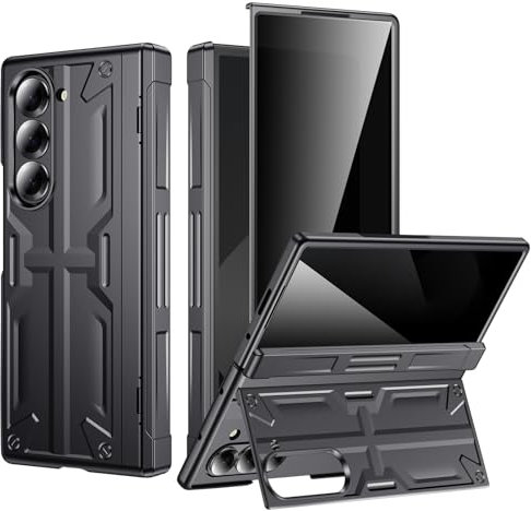 for Samsung Z-Fold-6 Privacy Case: Slim Hinge Stand Case with Screen Protector - Support Wireless Charging - Soft Protective Phone Cover for Galaxy Z Fold6 (Black)