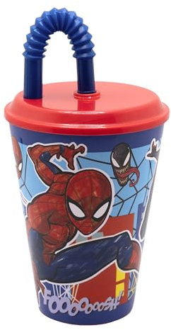 Stor Vaso Infantil Reutilizable con Tapa y Pajita de 430 ml de Spiderman