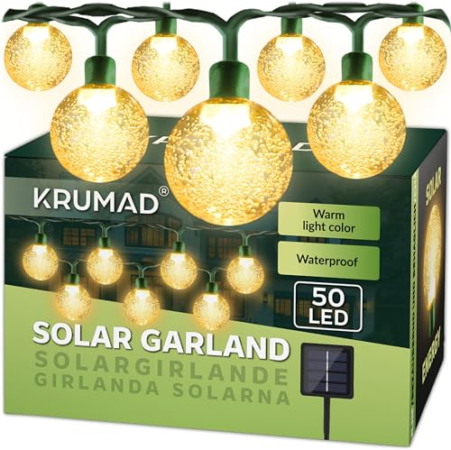 KRUMAD Solar Lichterkette Outdoor 50 LED 7M IP65 Außen mit Automatischem Sensor, Solarlichterkette Glühbirne Wetterfest und Wasserdicht, Garten Beleuchtung, Balkon Aussenlichterkette, Camping Girlande