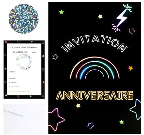 HOWAB Lot de 12 Carte Invitation Anniversaire Fille Garçon Thème Néon, Carte Anniversaire Fille Arc en Ciel, Invitation Anniversaire Garcon Blacklight à Gratter avec 12 Stickers et 12 Enveloppes