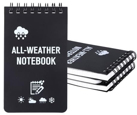 4 Stück Schwarz Wasserdichtes Notizbuch, Tragbar block mit Top-Spirale, Notizbuch Klein als Allwetter-Notizblöcke, Wasserdichte Notizblock Klein, für Outdoor-Aktivitäten, Taktische Kurzschrift