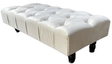 Chesterfield Samt Ottomane Fußhocker für Wohnzimmer - Stilvolle Polsterbank mit Knopf-Detail, Cremeweißer Pouf Hocker zum Schuhwechsel & Fußstütze
