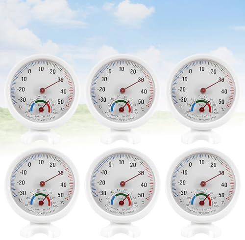 Sporgo 6 Stück Thermometer Hygrometer: 2in1 Analoges Thermo-Hygrometer, Präzisions Raumthermometer Luftfeuchtigkeitsmesser für Innen Aussen Häuser, Weiß Thermometer, Ø 12,5cm