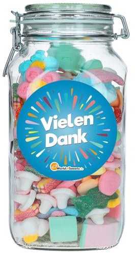 Fruchtgummi- & Schaumzucker-Mischung im Glas – 1,1 kg bunte Süßigkeiten – Geschenkidee mit Botschaft – zum Teilen & Naschen (Vielen Dank)