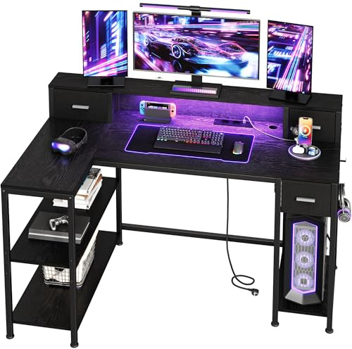 Hzuaneri Escritorio, Mesa en Forma L con Luces LED y Enchufes, 132 x 80 cm, Mesa de Ordenador con Soporte para Monitor, para Estudio, Oficina, Negro CD43004XEU