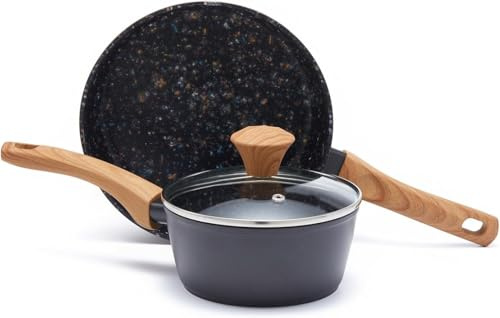 Jovire 3‑Pc Non‑Stick Cookware Set, 28cm Frying Pan, Saucepan w/Lid, Black | Suitable for induction & gas hobs | Dishwasher safe | PFOA‑free & PTFE‑free | Stylish & durable | Ergonomic handle