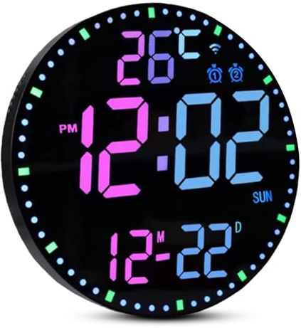 SUNOYA Digitale Wanduhr, 12 Zoll Große RGB Schwarzes Gehäuse Digitale Wanduhr Fernbedienung LED Nachtlicht Funktion mit Nachtlicht für Wohnzimmer Schlafzimmer und Büro
