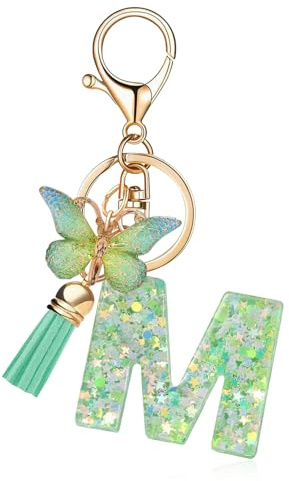 Porte-Clés pour Lettre Fille,Porte Clés Lettre Initiale, Lettre Keychains, Papillon Porte-clé pour Fille Femme, l'amitié, Cadeau, Clef voiture, Décoration de Sac, Saison Scolaire(Vert M)