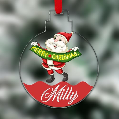 KreateSquare Personalised Christmas Tree Decorations Baubles with Cute Santa & Name | Xmas Tree Decoration Hanging Ornaments Personalised Bauble for Xmas Decorations