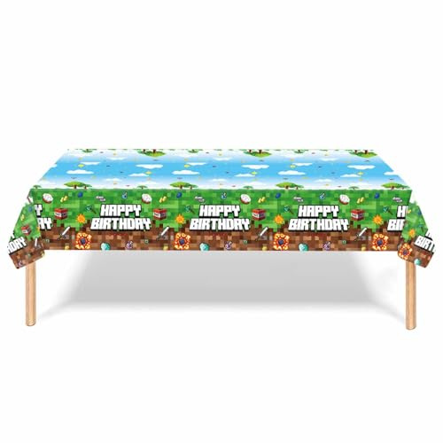 ZingBox Pixel Geburtstag Tischdecke, 137x274cm Blau Pixelmotiv Tischdecke Geburtstags, Pixel Kindergeburtstag Tischdecken, Videospiel Happy Birthday Tischdecke, Spiel Deko Geburtstagstischdecke