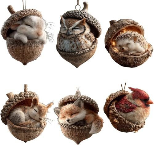 6pcs Forest Animal Acorn Ornaments Cozy Forest Christmas Ornaments, Forest Animal Acorn Christmas Ornaments, Woodland Friends Acorn Ornaments, Pine Cone Animals Decor for Animals Lover