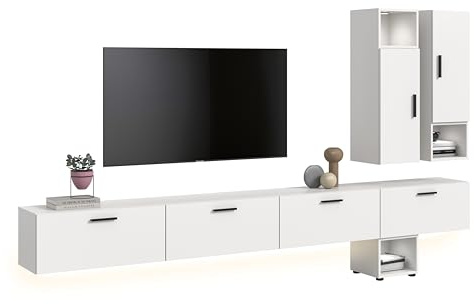 xonox.home – Wohnkombination inkl. Beleuchtung The One 300x178x34 cm in Weiß – XXL Wand mit 2 Türen, 4 Klappen & LED – 15 Fächer bieten massiven Platz & EIN modernes Lichtkonzept für Ihr Zuhause